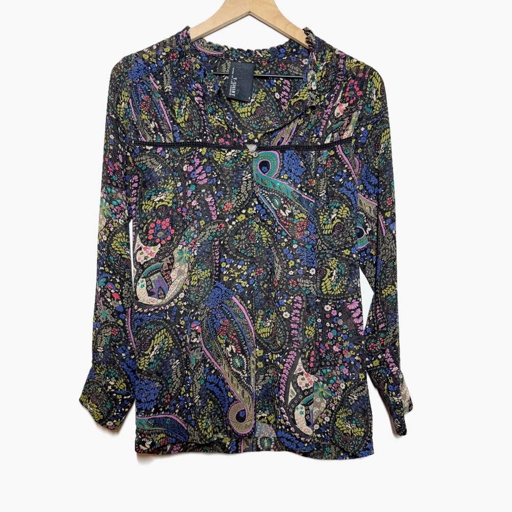 Anthropologie Dolan Black Multi Paisley Print Long-Sleeve Blouse